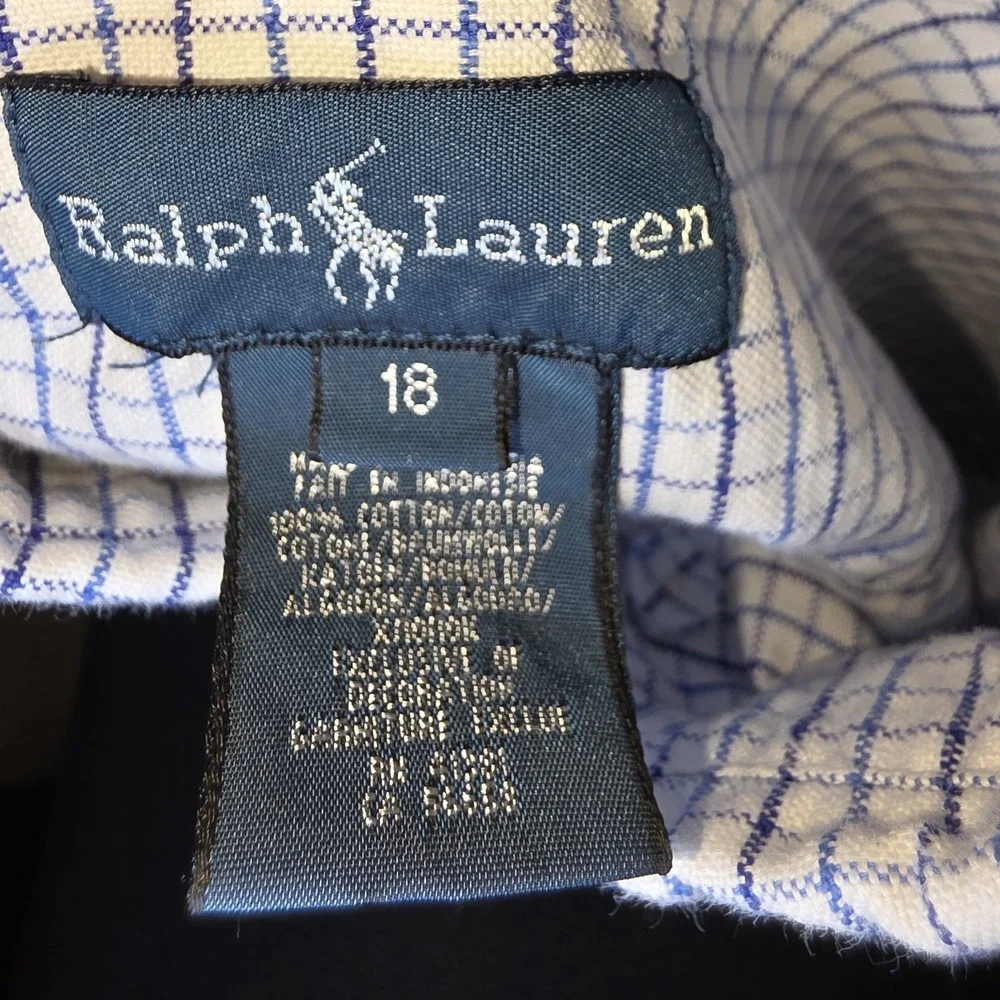 Ralph Lauren Button up Shirt Boys Youth 18 Checked Plaid White Blue 100% cotton